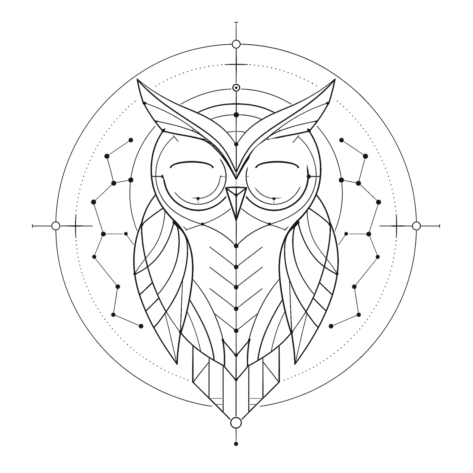 The same owl in ink, eyes closed, at rest.