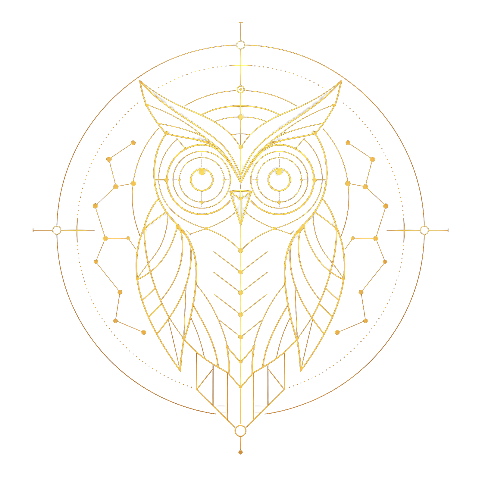 Gold line-drawing of an owl, eyes open, glowing.